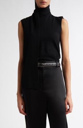 Toteme Draped Scarf Sleeveless Merino Wool Blend Rib Sweater in Black at Nordstrom, Size X-Large