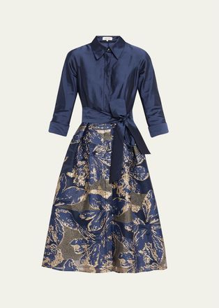 Teri Jon Metallic Taffeta Jacquard Midi Shirtdress