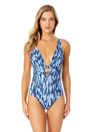 Anne Cole Womens Shibori Geo Double Ring Plunge Front One Piece Swimsuit in Tie Dye Ikat at Nordstrom, Size 16