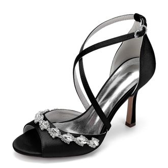 Generic Womens High Heel Sandals Open Toe Bridal Satin Crystal Stiletto Wedding Shoes Formal Prom Party Dress Shoes 9.5Cm,Black,10 UK