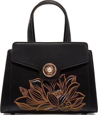 Generic Black Leather Handbag with Gold Lotus Embroidery, Pearl Button Closure, Top Handle Tote Bag