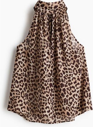 H&M Scarf-collar Chiffon Top in Light Beige/leopard Print at Nordstrom, Size Xx-Large
