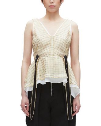 3.1 Phillip Lim Plaid Organza Sleeveless V-Neck Flounce Silk Top