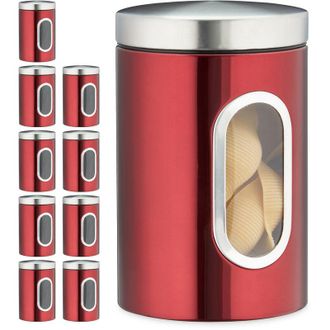 Relaxdays 10 X Recipiente De Almacenamiento Para Cocina, Con Tapa Y Ventana, 1,4 L, Para Caf&eacute;, Harina, Pasta, Bote Metal, En Rojo