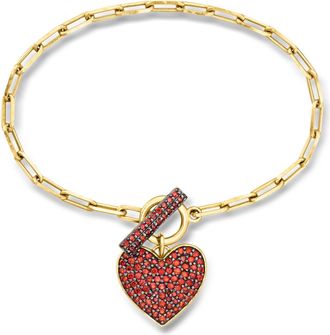 Ross-Simons Garnet Heart Paper Clip Link Toggle Bracelet in 18kt Gold Over Sterling