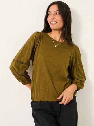 Fat Face FatFace Cassie Olive Green Broderie Top
