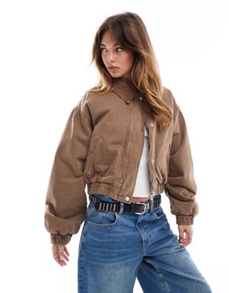 Asos Giacca bomber in denim marrone con colletto in velluto a coste