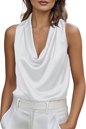 Generic Satin Tops for Women UK Cowl Neck Casual Sleeveless Cosy Blouse Summer Work Office Fashion Vests Business Lightweight Soft Silk Tank Tops Holiday Plus