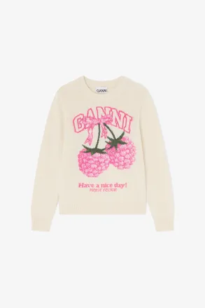 Ganni White Sweater in Graphic Wool - Size XXS