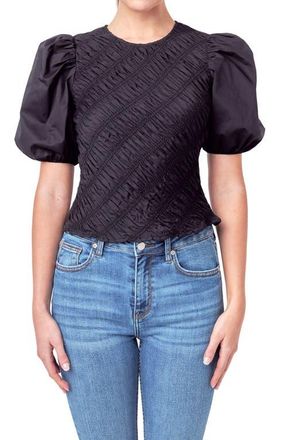 English Factory Asymmetric Shirred Puff Sleeve Top in Black at Nordstrom, Size X-Small
