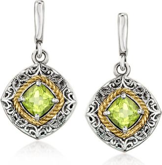 Ross-Simons Peridot Drop Earrings in Sterling Silver and 14kt Yellow Gold