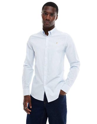 Farah Brewer slim fit long sleeve striped shirt in blue