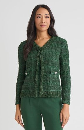 Misook Tailored Eyelash Fringe Trim Knit Jacket in Green at Nordstrom, Size Xx-Large
