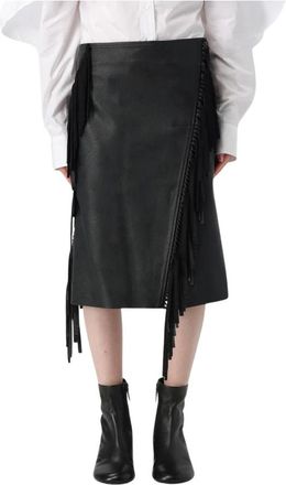 Stella McCartney Leren Midi Rok met Franjes - Dames - Midirokken - Zwart - L - Leer - Rokken
