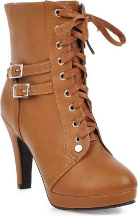 Generic Womens Round Toe Stiletto Heel Ankle Boots Lace Up Double Buckle Strap Combat Comfortable Non Slip Durable for Evening Party Prom,Brown,7.5 UK
