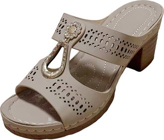 Generic 2026 Women Summer Solid Slip On Casual Open Toe Square Heels Comfortable Beach Shoes Sandals Slippers (Khaki, 4.5) (2)