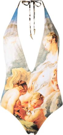 Roberto Cavalli Painting-print halterneck swimsuit - women - Polyamide/Spandex/Elastane - 44 - Neutrals