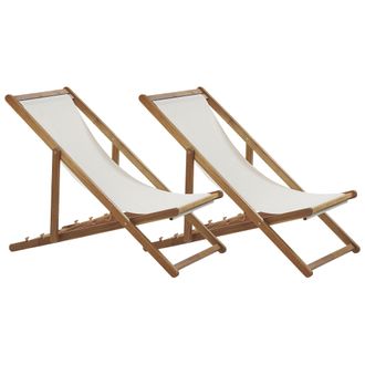 Beliani Conjunto De 2 Tumbonas De Jard&iacute;n De Tela Blanco Crema Madera De Acacia Reclinable Plegable Marr&oacute;n Claro Anzio