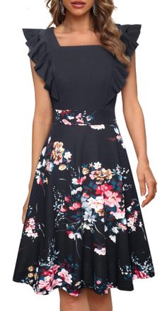 Homeyee Women Elegant Ruffle Sleeve Rockabilly Knee Length Floral Party Cocktail Dress with Pockets A312 (L, Black + Floral)