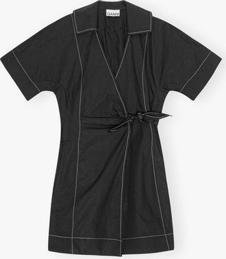 Ganni Black Cotton Poplin Wrap Mini Dress - Size 10/12 Organic