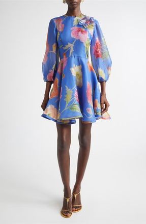 Carolina Herrera Poppy Print Floral Puff Sleeve Silk Organza Minidress in Bluebell Multi at Nordstrom, Size 10