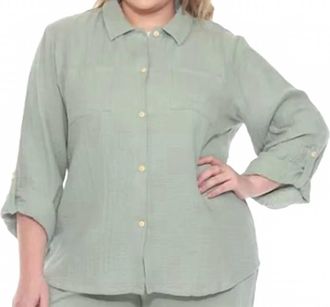 White Mark Long Sleeve Button Down Top - Plus In Olive