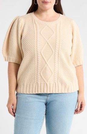 Sugarlips Puff Sleeve Cable Stitch Sweater in Oatmeal at Nordstrom, Size 1X