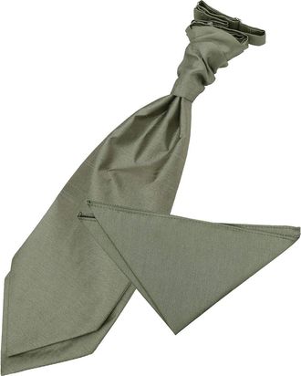 DQT Plain Shantung Wedding Scrunchie Pre-Tied Cravat & Pocket Square for Men in Sage Green