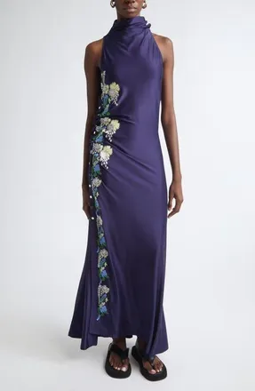 Paco Rabanne Embroidered Mock Neck Sleeveless Satin Gown in Sailor Blue at Nordstrom, Size 42