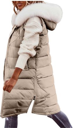 Generic Womens Gilets Quilted Gilet for Women Plus Size Longline Sleeveless Vest Puffer Jackets Waistcoats Warm Thick Zip Hooded with Detachable Faux Fur Coll