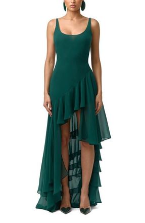Naked Wardrobe Sleeveless Asymmetric Ruffle High-Low Dress in Pine Green at Nordstrom, Size X-Small