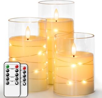 OEM Velas Led Con Efecto De Llama Parpadeante, Juego De 3, Velas De Vidrio A Pilas Con Mando A Distancia Y Temporizador, Di&aacute;metro 7,6 Cm, Altura 10,2, 12,