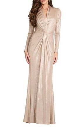 Tadashi Shoji Metallic Long Sleeve Liquid Jersey Gown in Pebble at Nordstrom, Size Xx-Large