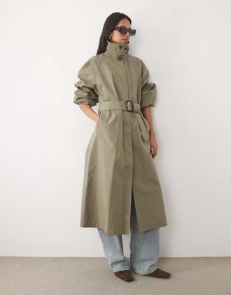 Mango trench lungo in misto cotone con cintura color kaki-Verde