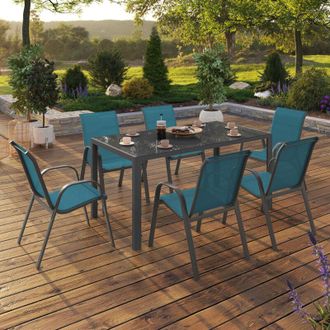 IDMarket Conjunto De Muebles De Jard&iacute;n Madrid Mesa 150 Cm Y 6 Sillas Apilables Azul Pato