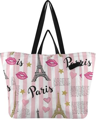Generic Paris Hearts Pink Stripe pattern Reusable Canvas Tote Bag, Heavy Duty Grocery Shopping Bag with Hard Bottom Double Handles Large Capacity Work Groceri