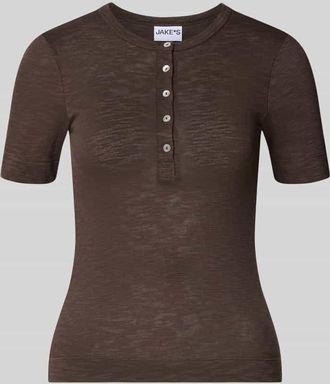 Jake*s Casual T-Shirt mit Rundhalsausschnitt und Knopfleiste in Dunkelbraun, Gr&ouml;&szlig;e XXL