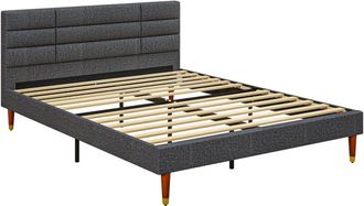 HOMCOM Upholstered Bed Frame w/ Wooden Slat No Box Spring Needed 5ft - Homcom