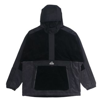 adidas M Corduroy Ank Half Zipper Splicing Sports hooded Logo Jacket Black HD0365