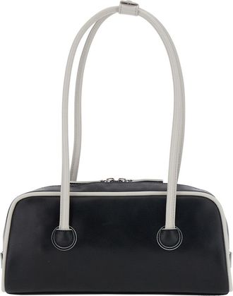 Margesherwood Womens Shoulder Bag Soft Baguette Black Leather Piping Cow