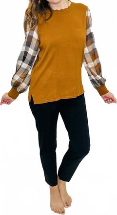 Multiples Long Sleeve Sweater Blouse In Brown & Check
