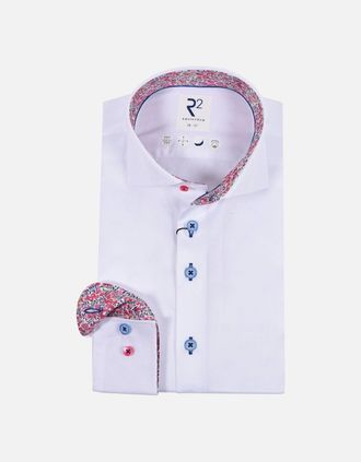 R2 Mens R2 Cut Away Collar Long Sleeved Shirt White with Pink Floral Trim - Size: 48/50