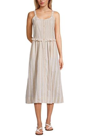 Lands End Linen Blend Pintuck Tank Midi Dress in Champagne/white Double Stripe at Nordstrom, Size X-Large P