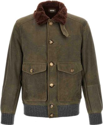 Brunello Cucinelli Green Waxed Shearling Bomber Jacket