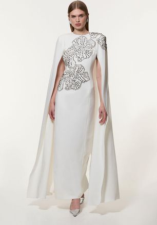 Karen Millen Womens Placed Floral Crystal Embellished Tailored Drama Cape Maxi Dress - White - Size 12 UK
