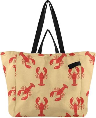 Generic Lobster Red Yellow pattern Reusable Canvas Tote Bag, Heavy Duty Grocery Shopping Bag with Double Handles Large Capacity Hard Bottom Work Groceries Tra