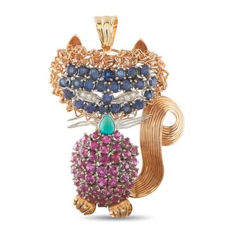 Luxury Bazaar 14K Rose Gold Diamond Sapphire Ruby Cat Brooch Pendant MF11-090226