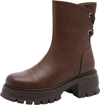 Generic Winter Mid Calf Boots Women British Style Chunky High Heel Back Lace-Up Retro Boots