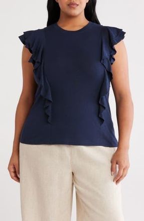 Caslon Cascade Ruffle Cotton Blend Top in Navy Still at Nordstrom Rack, Size 1X
