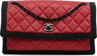 Chanel Red and Black Lambskin Single Flap Bag with Ruthenium Hardware
